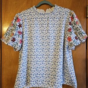 Blue Floral Puff-Sleeve Blouse with Embroidered Sleeves